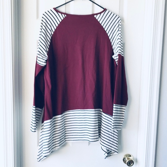 Burgundy, Black and White Striped Asymmetrical Top - Picture 6 of 6